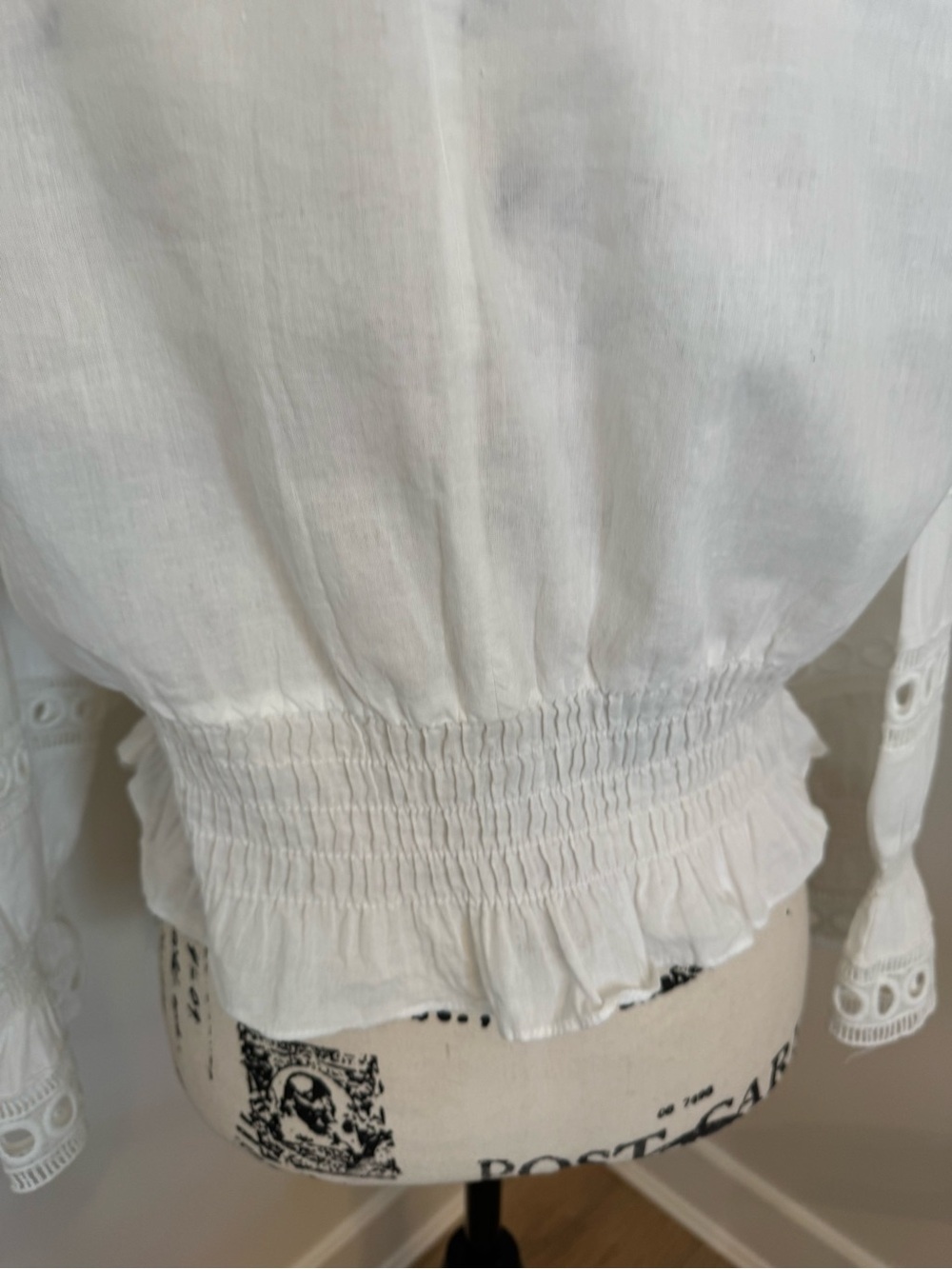 Lush White Eyelet Lace Blouse Small Boho Peasant Smocked Waist Romantic Cottage - Picture 8 of 11